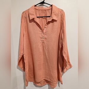 Women's 100% Linen Lagenlook 3/4 Sleeve Tunic Top Size XL in Light Coral